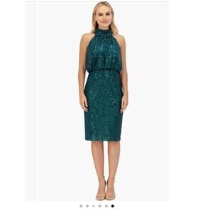Eliza J green sequin sparkle holiday halter knee length dress size 8/10